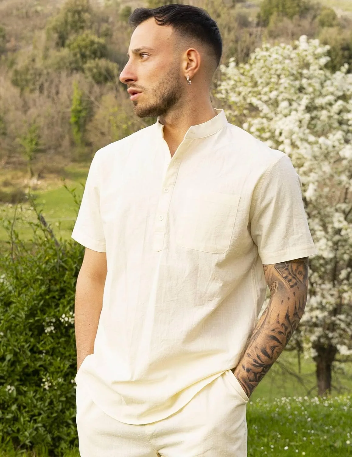 COOFANDY Men's Cotton Linen Henley Shirt Short Sleeve Hippie Casual Beach T-Shirts with Pocket