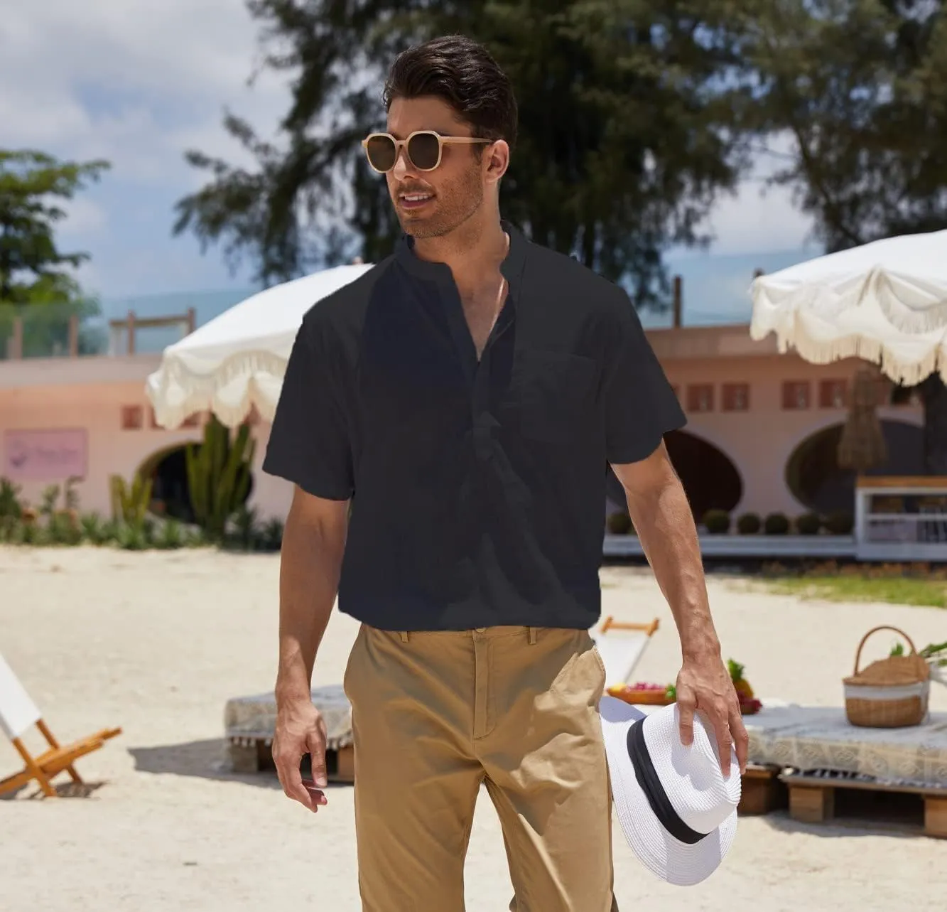 COOFANDY Men's Cotton Linen Henley Shirt Short Sleeve Hippie Casual Beach T-Shirts with Pocket