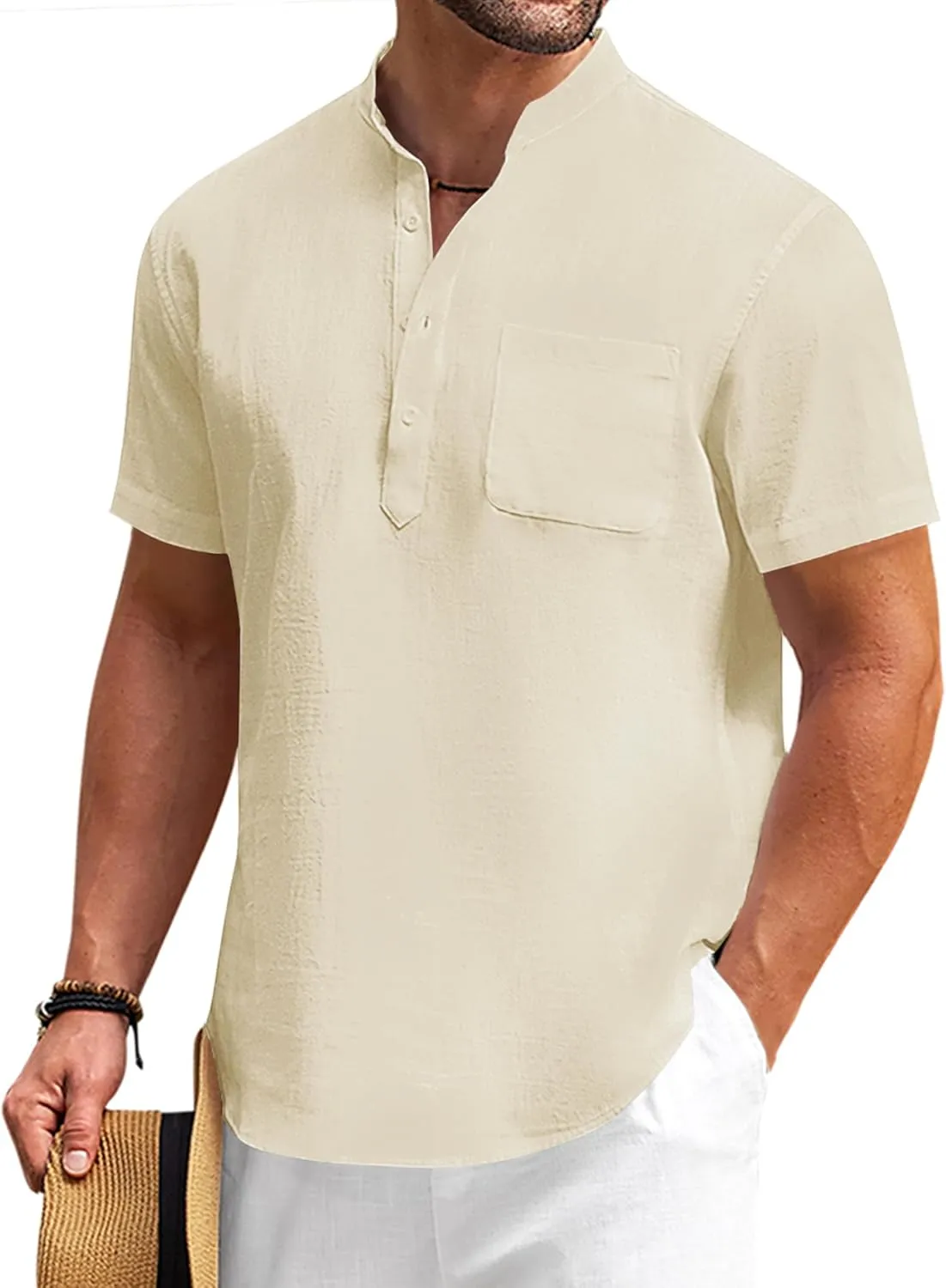 COOFANDY Men's Cotton Linen Henley Shirt Short Sleeve Hippie Casual Beach T-Shirts with Pocket