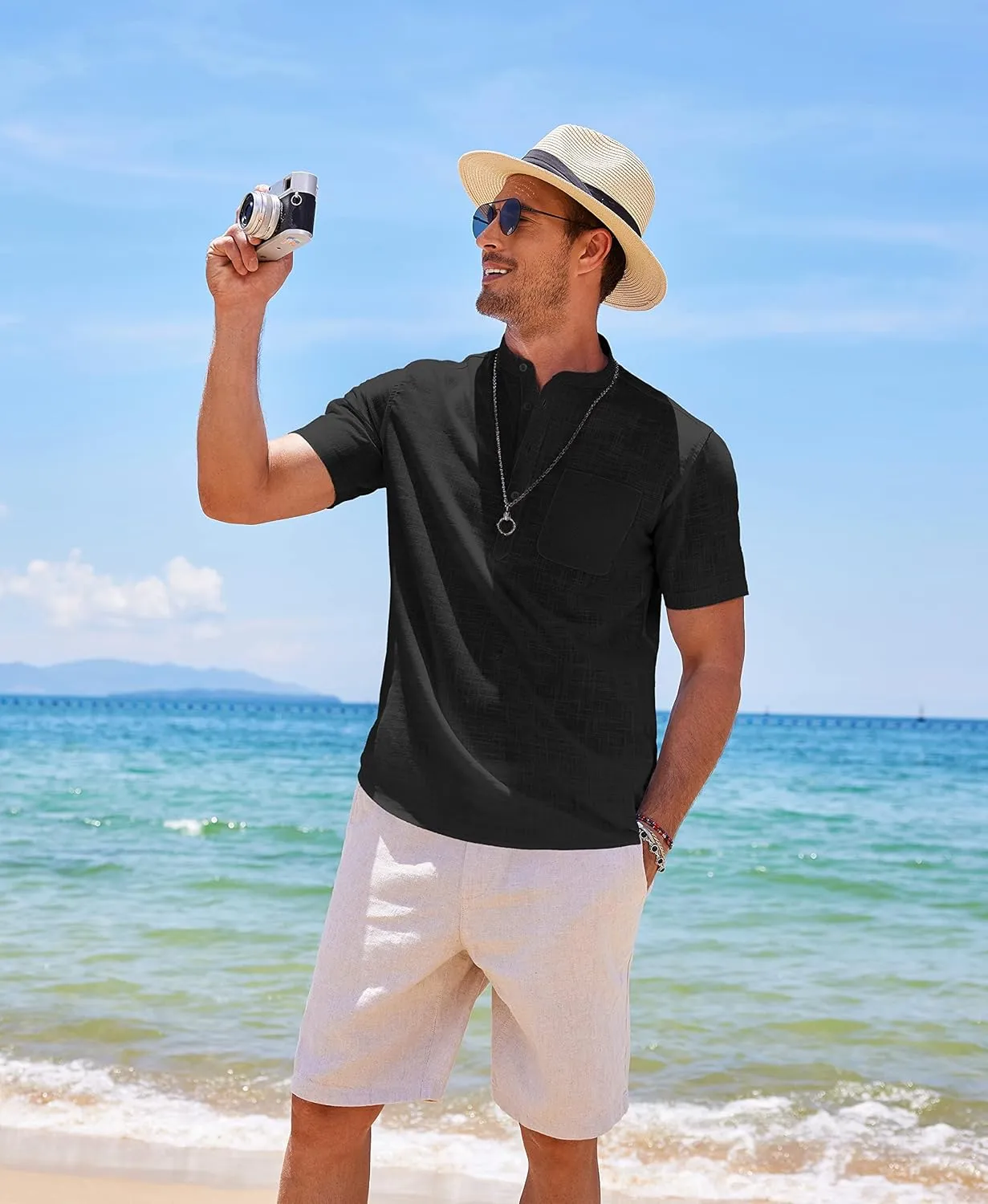 COOFANDY Men's Cotton Linen Henley Shirt Short Sleeve Hippie Casual Beach T-Shirts with Pocket