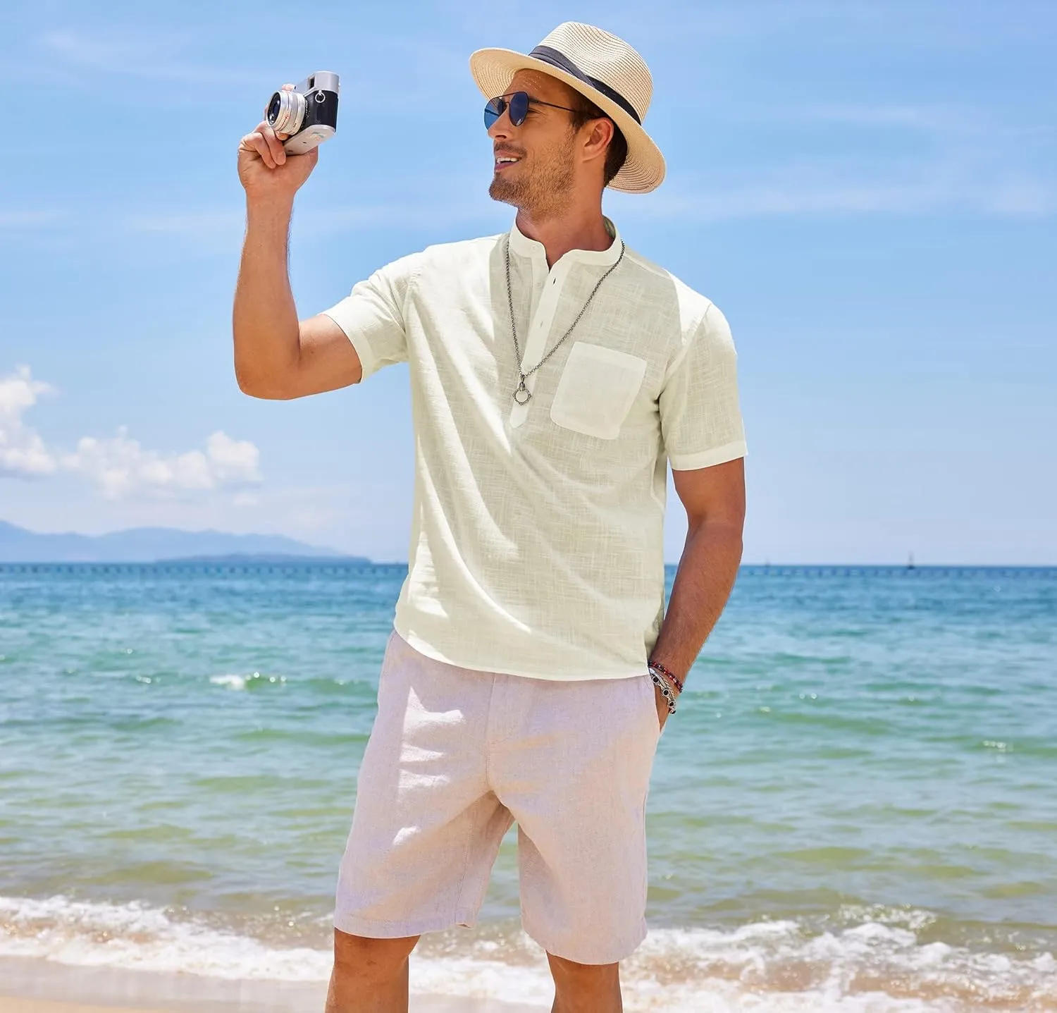 COOFANDY Men's Cotton Linen Henley Shirt Short Sleeve Hippie Casual Beach T-Shirts with Pocket