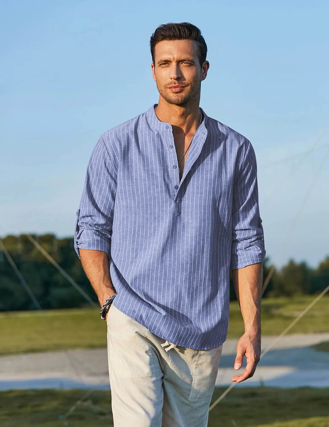COOFANDY Men's Cotton Linen Henley T-Shirts Long Sleeve Hippie Casual Beach T-Shirts