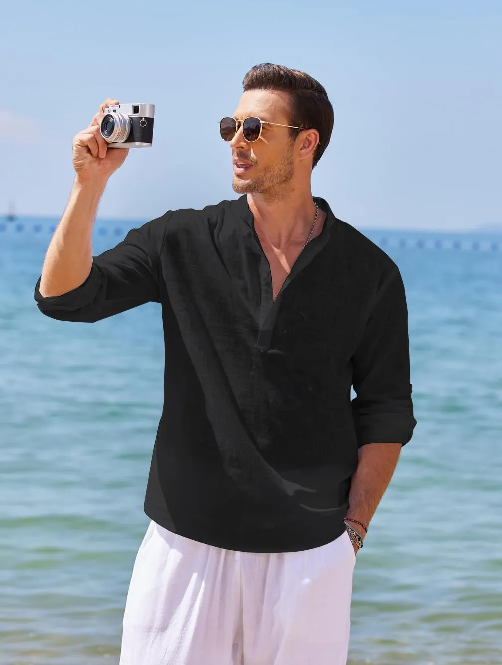 COOFANDY Men's Cotton Linen Henley T-Shirts Long Sleeve Hippie Casual Beach T-Shirts