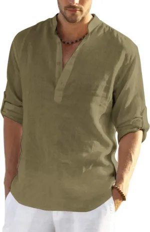 COOFANDY Men's Cotton Linen Henley T-Shirts Long Sleeve Hippie Casual Beach T-Shirts