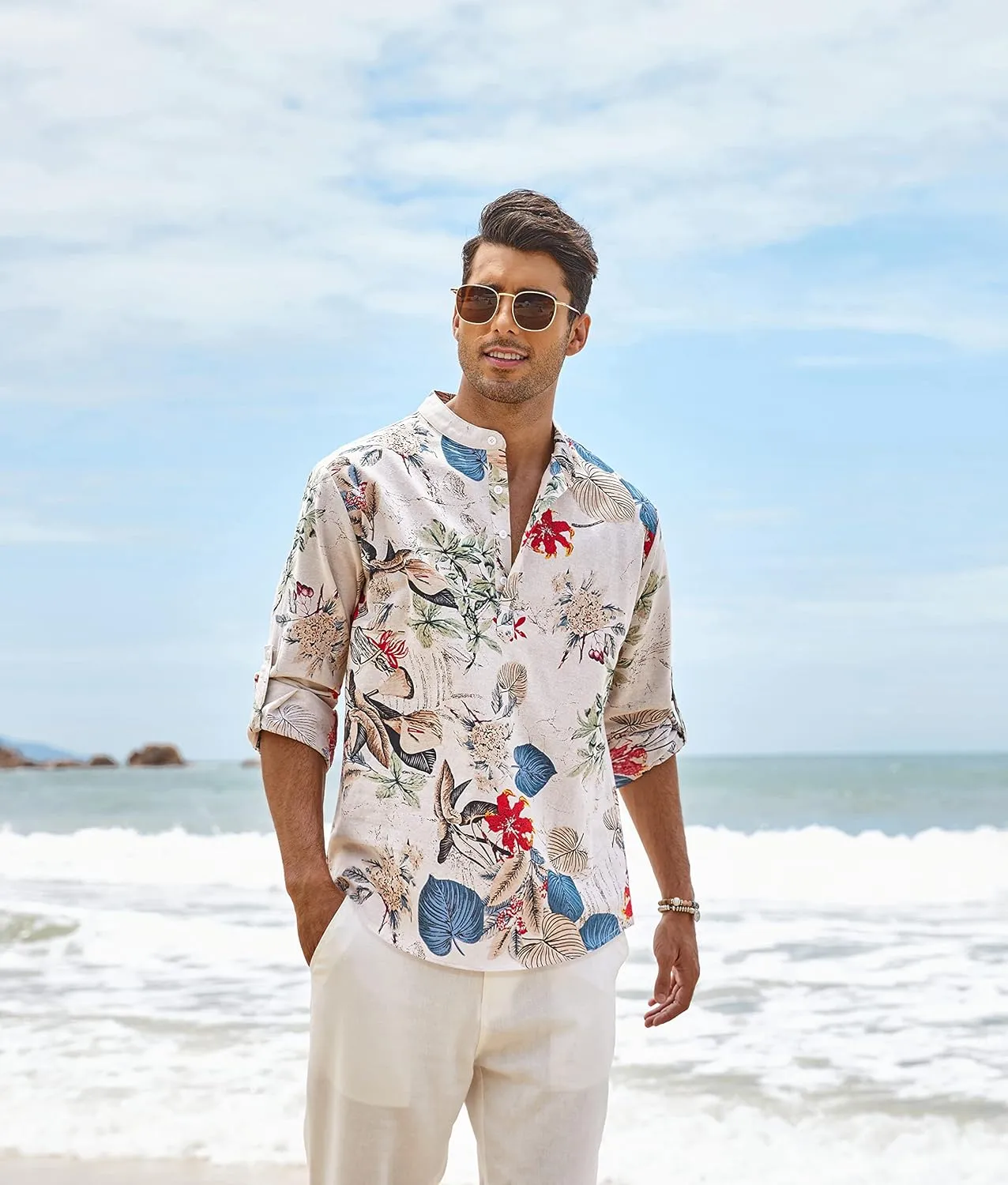 COOFANDY Men's Cotton Linen Henley T-Shirts Long Sleeve Hippie Casual Beach T-Shirts