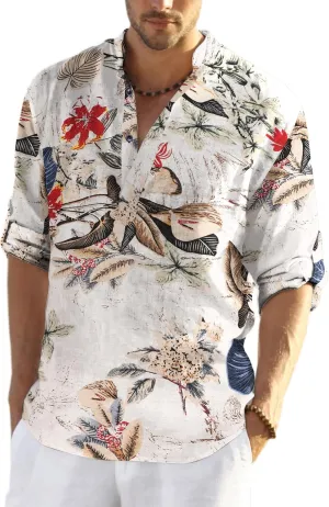 COOFANDY Men's Cotton Linen Henley T-Shirts Long Sleeve Hippie Casual Beach T-Shirts