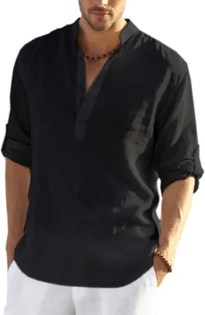 COOFANDY Men's Cotton Linen Henley T-Shirts Long Sleeve Hippie Casual Beach T-Shirts