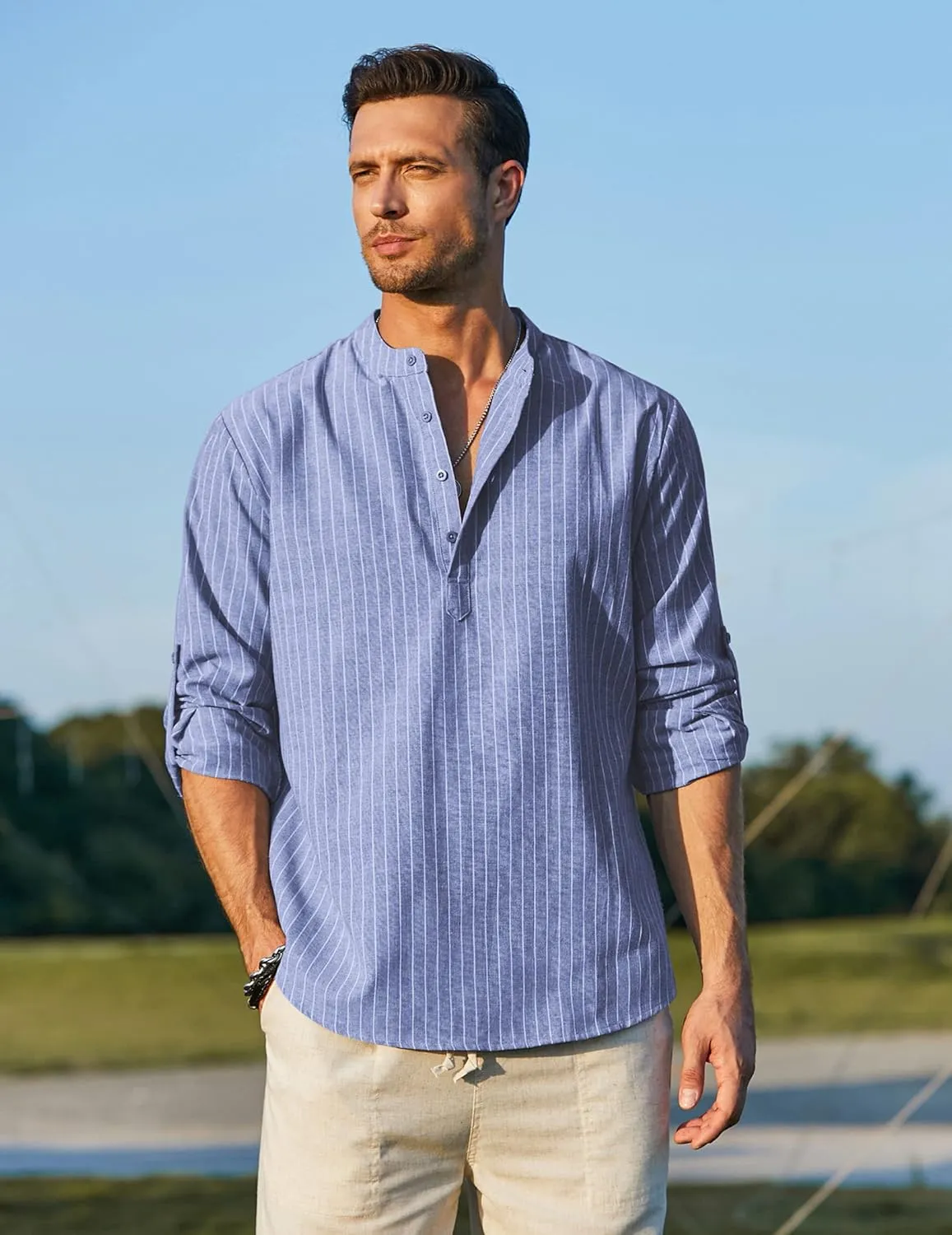 COOFANDY Men's Cotton Linen Henley T-Shirts Long Sleeve Hippie Casual Beach T-Shirts