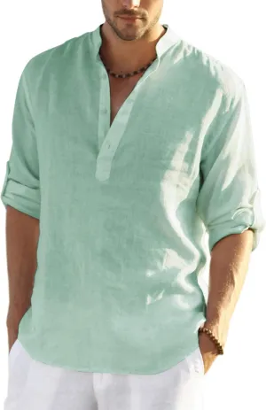 COOFANDY Men's Cotton Linen Henley T-Shirts Long Sleeve Hippie Casual Beach T-Shirts