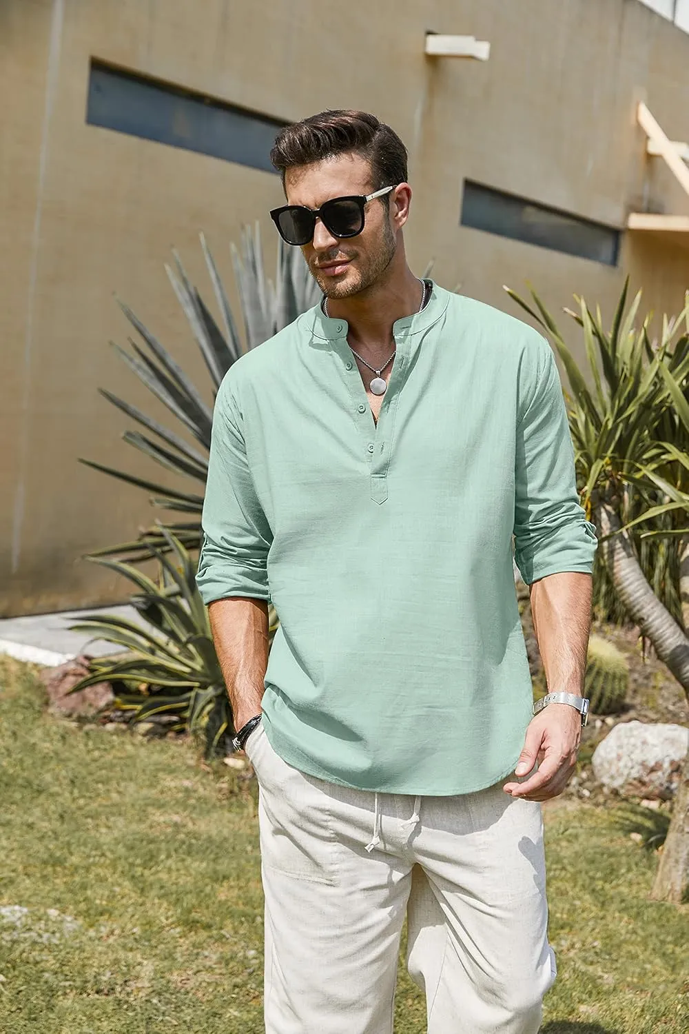 COOFANDY Men's Cotton Linen Henley T-Shirts Long Sleeve Hippie Casual Beach T-Shirts