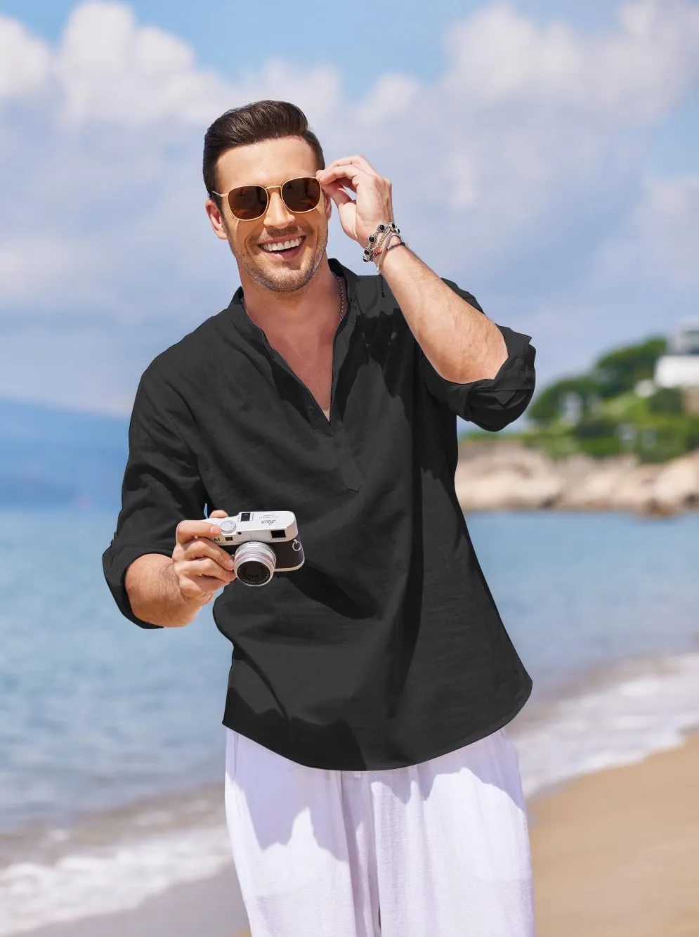 COOFANDY Men's Cotton Linen Henley T-Shirts Long Sleeve Hippie Casual Beach T-Shirts