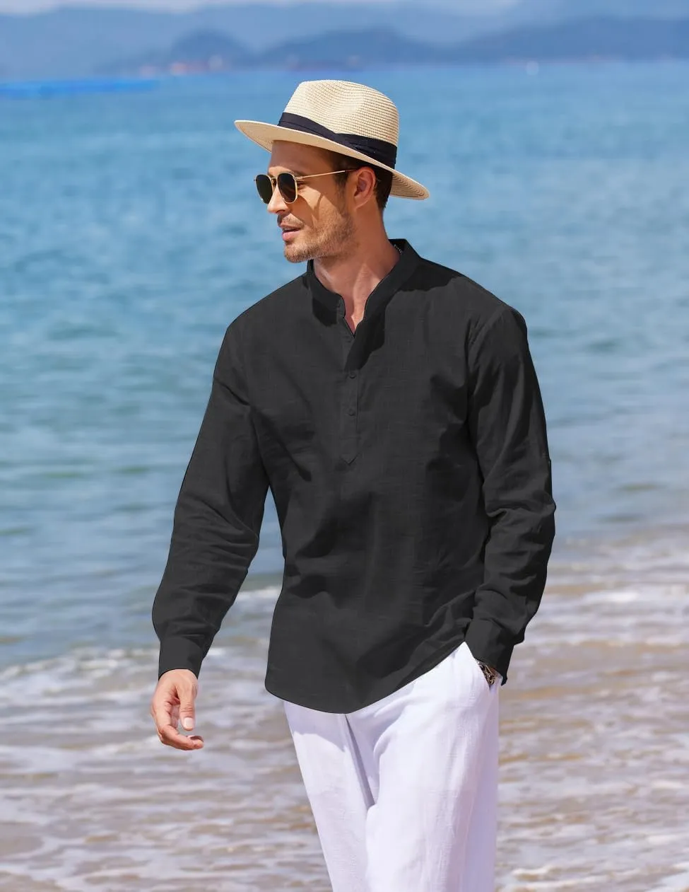 COOFANDY Men's Cotton Linen Henley T-Shirts Long Sleeve Hippie Casual Beach T-Shirts