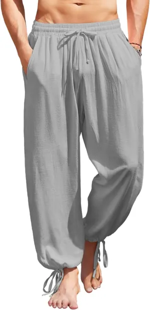 COOFANDY Men's Cotton Linen Pants Casual Harem Pants Elastic Waist Beach Boho Yoga Trousers
