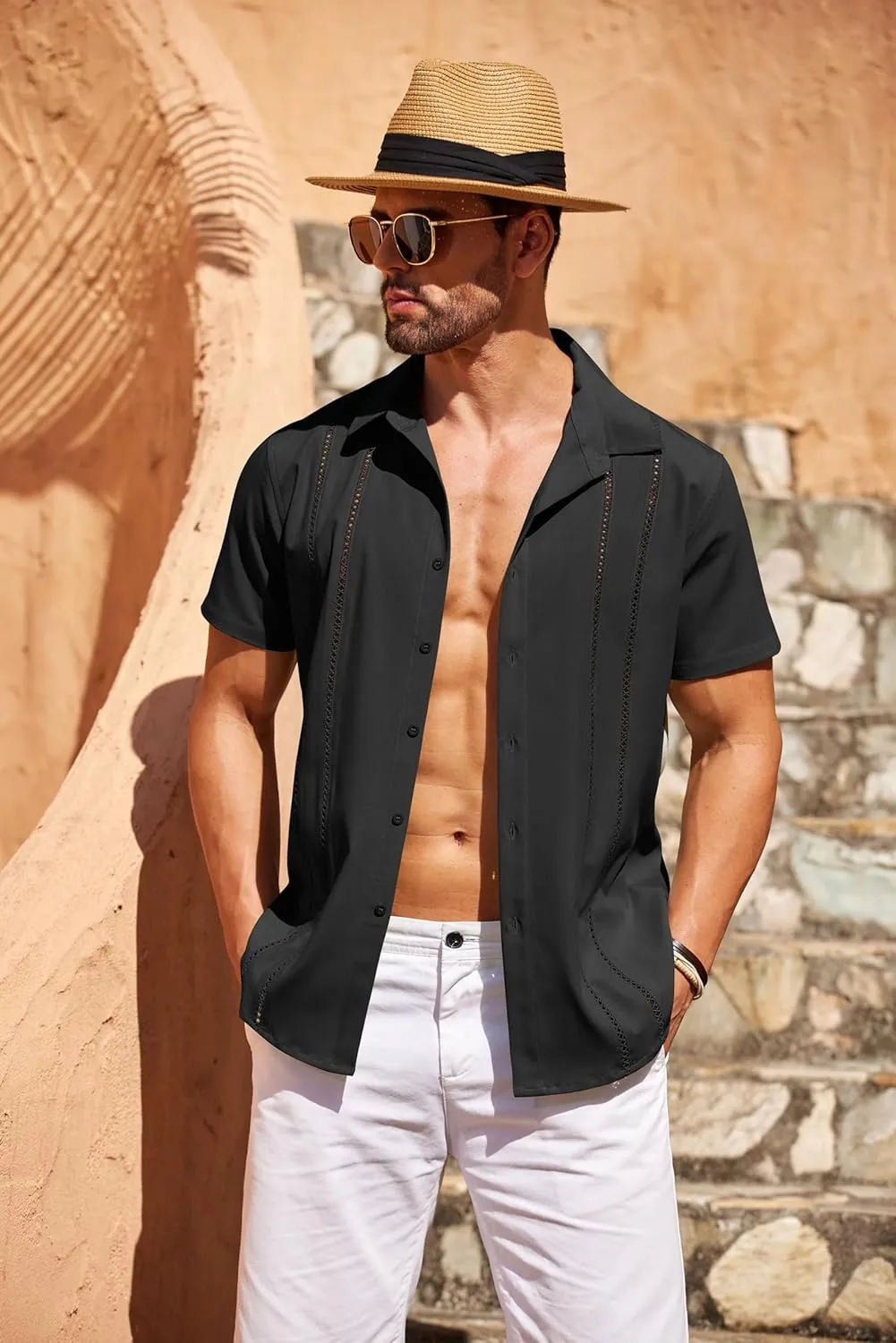 COOFANDY Men's Cuban Guayabera Shirt Short Sleeve Button Down Shirts Casual Summer Beach Linen Shirts