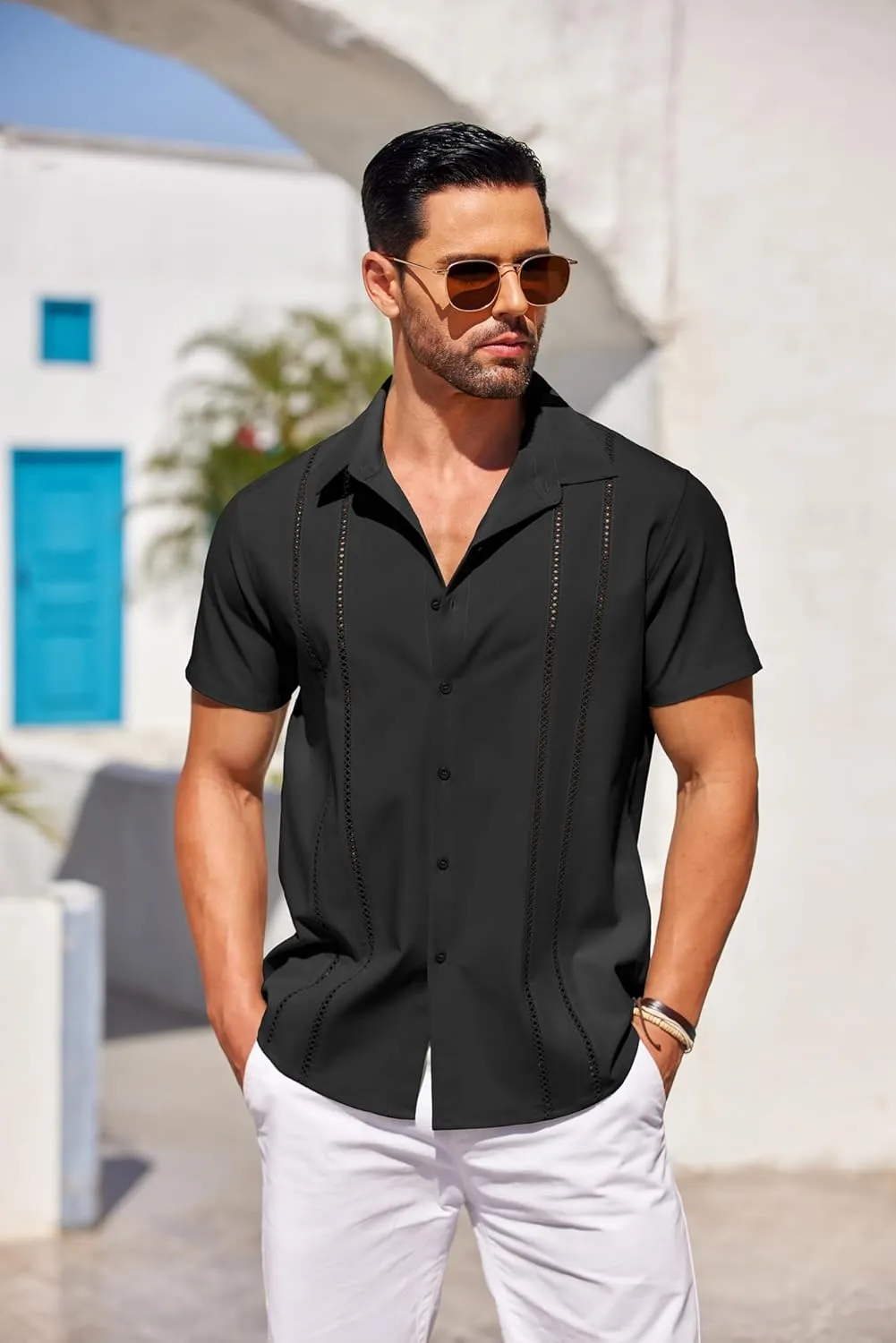 COOFANDY Men's Cuban Guayabera Shirt Short Sleeve Button Down Shirts Casual Summer Beach Linen Shirts