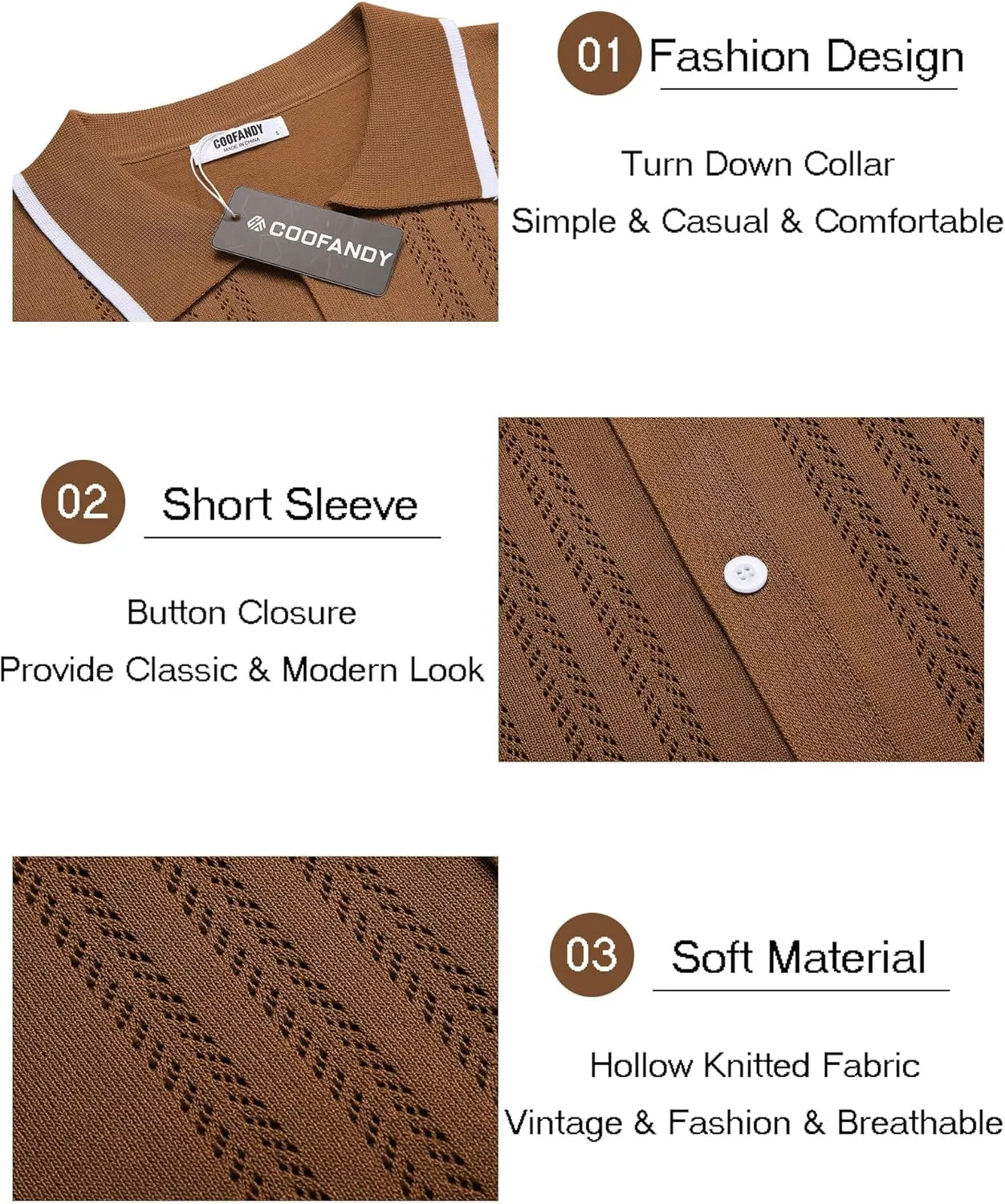COOFANDY Men's Knit Button Down Shirt Vintage Short Sleeve Polo Shirts Casual Beach Tops