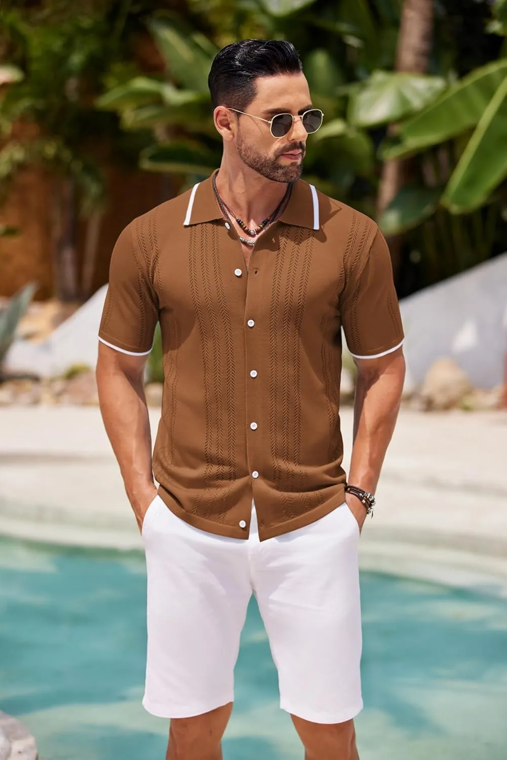 COOFANDY Men's Knit Button Down Shirt Vintage Short Sleeve Polo Shirts Casual Beach Tops