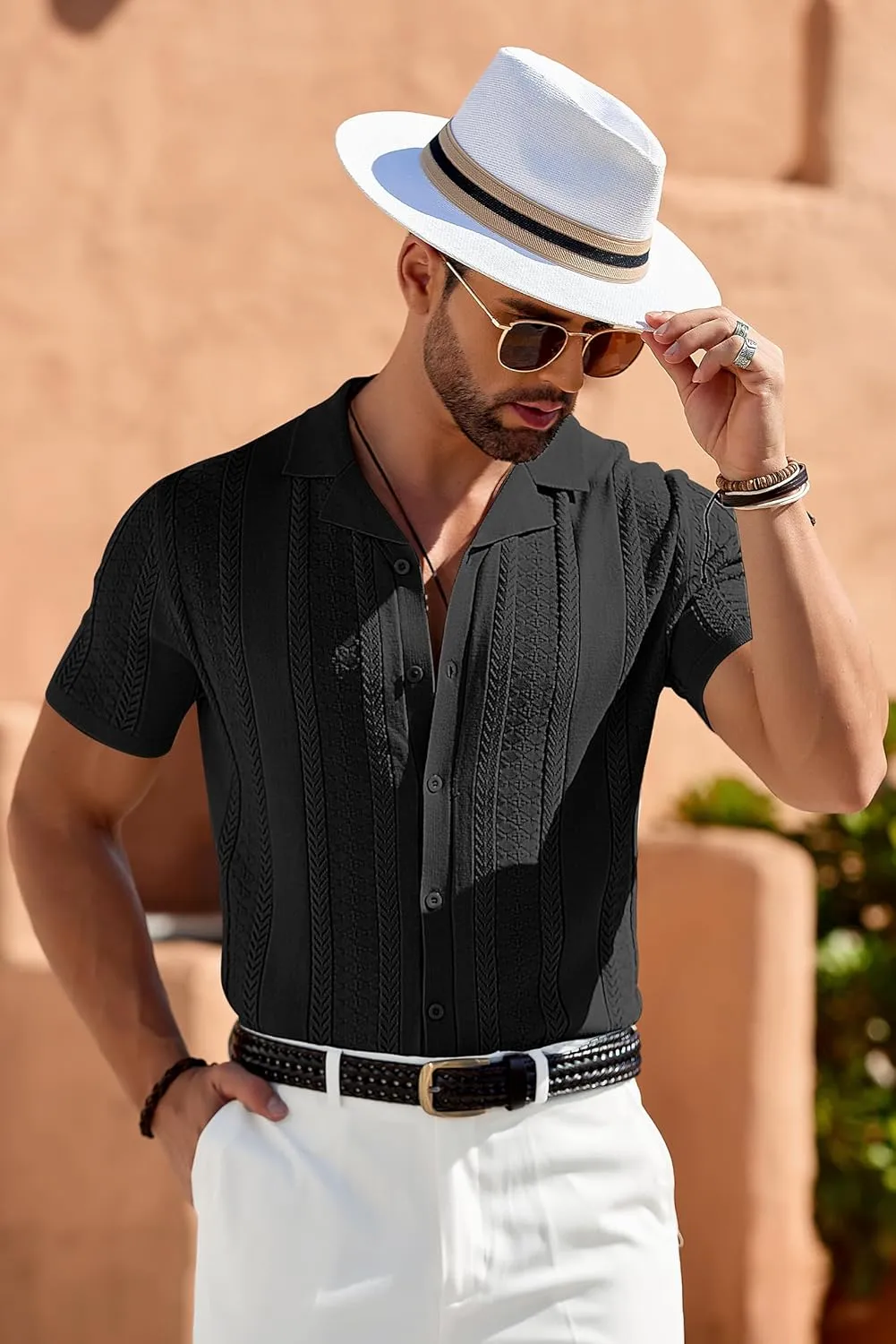 COOFANDY Men's Knit Shirts Vintage Short Sleeve Button Down Shirt Casual Summer Beach Shirt
