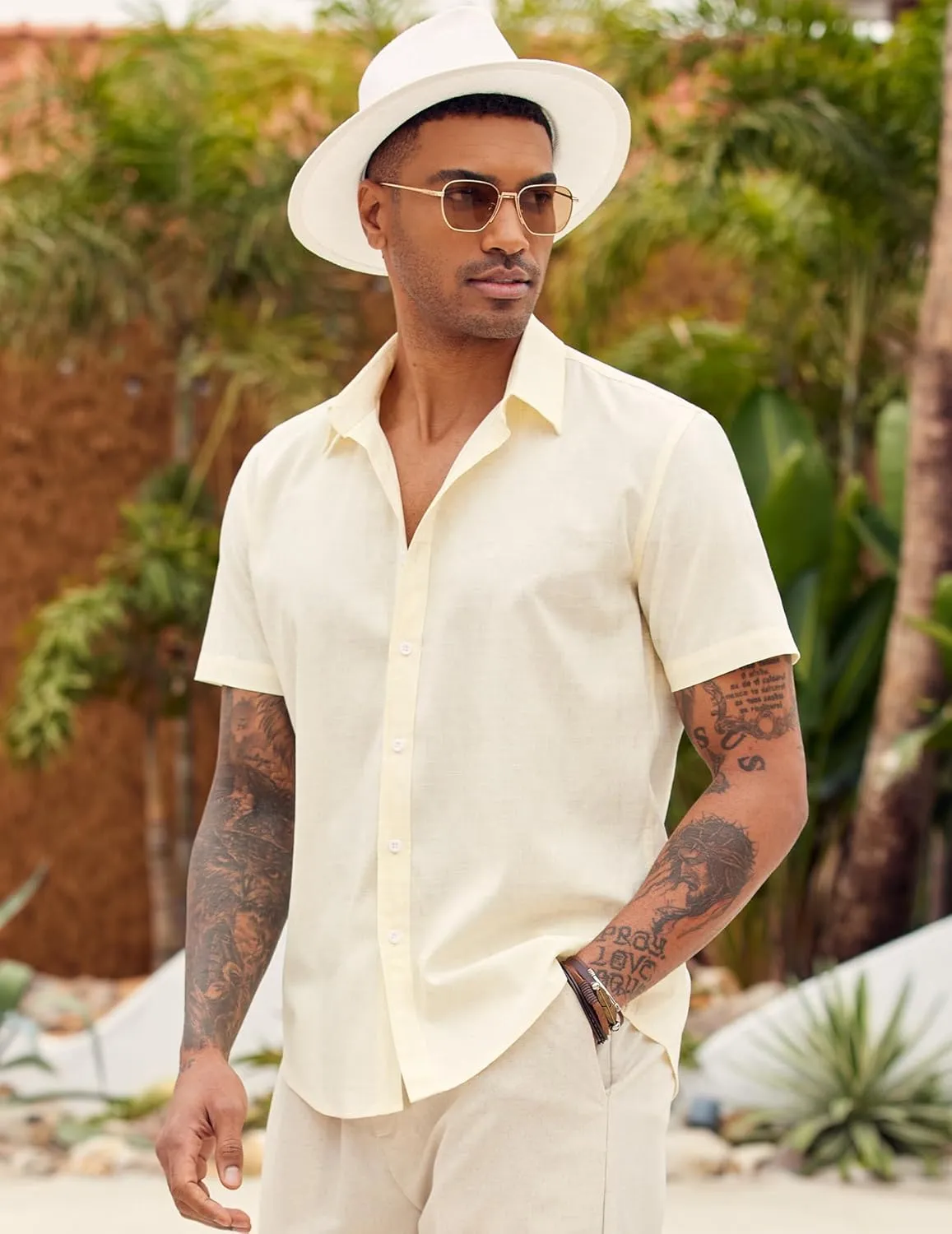 COOFANDY Men's Linen Casual Short Sleeve Shirt Button Down Summer Beach Wedding Shirts