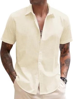 COOFANDY Men's Linen Casual Short Sleeve Shirt Button Down Summer Beach Wedding Shirts