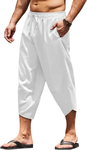 COOFANDY Men's Linen Harem Capri Pants Lightweight Loose 3/4 Shorts Drawstring Elastic Waist Casual Beach Boho Yoga Trousers