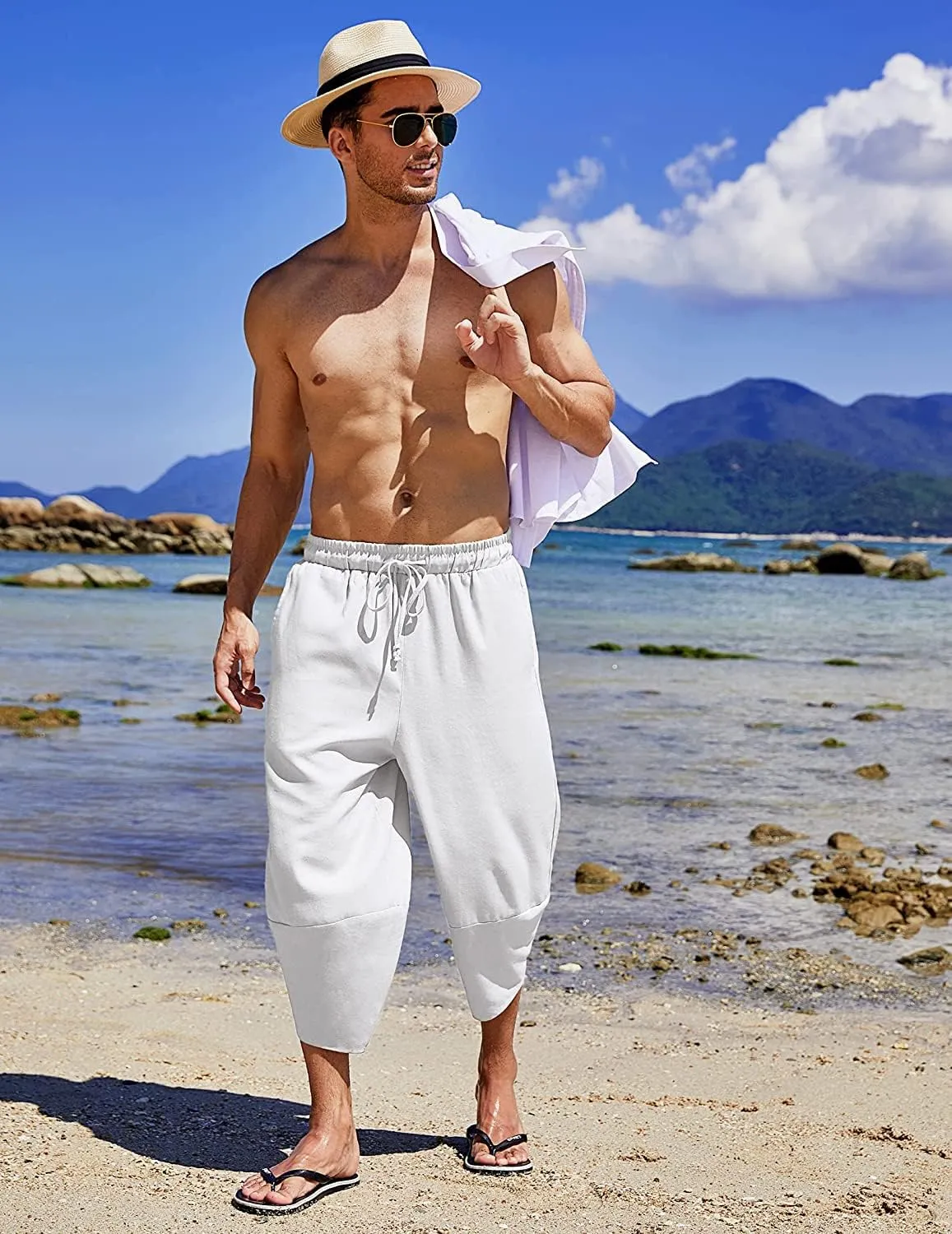 COOFANDY Men's Linen Harem Capri Pants Lightweight Loose 3/4 Shorts Drawstring Elastic Waist Casual Beach Boho Yoga Trousers