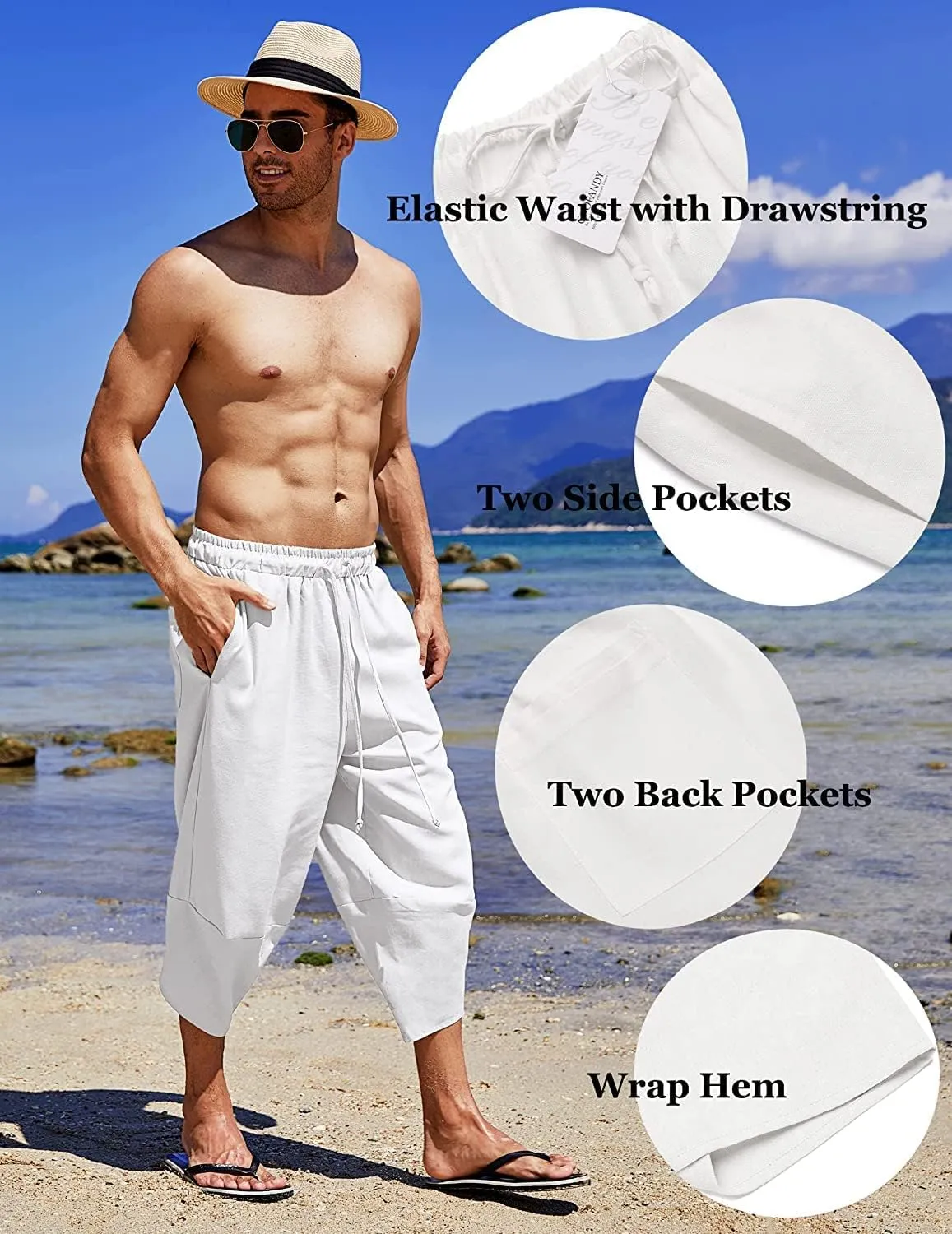 COOFANDY Men's Linen Harem Capri Pants Lightweight Loose 3/4 Shorts Drawstring Elastic Waist Casual Beach Boho Yoga Trousers