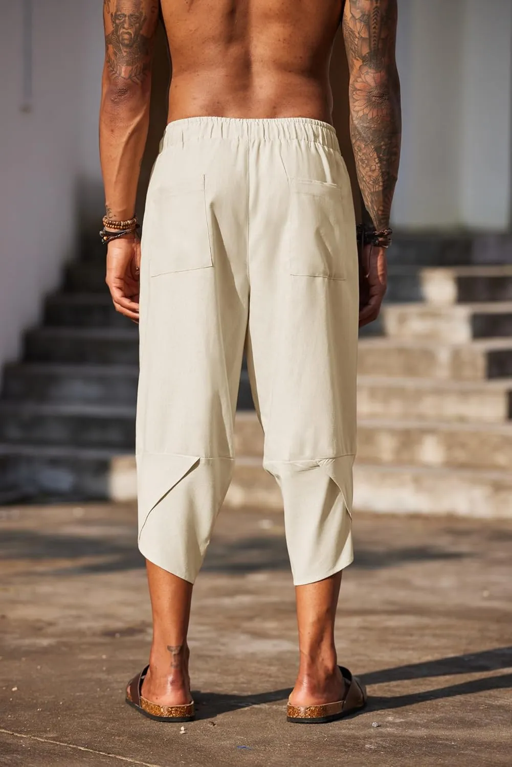 COOFANDY Men's Linen Harem Capri Pants Lightweight Loose 3/4 Shorts Drawstring Elastic Waist Casual Beach Boho Yoga Trousers
