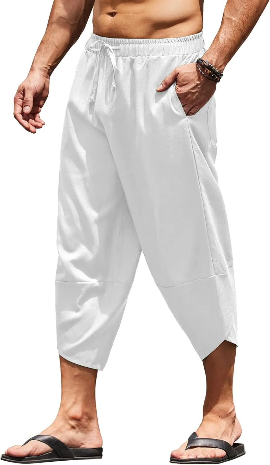COOFANDY Men's Linen Harem Capri Pants Lightweight Loose 3/4 Shorts Drawstring Elastic Waist Casual Beach Boho Yoga Trousers