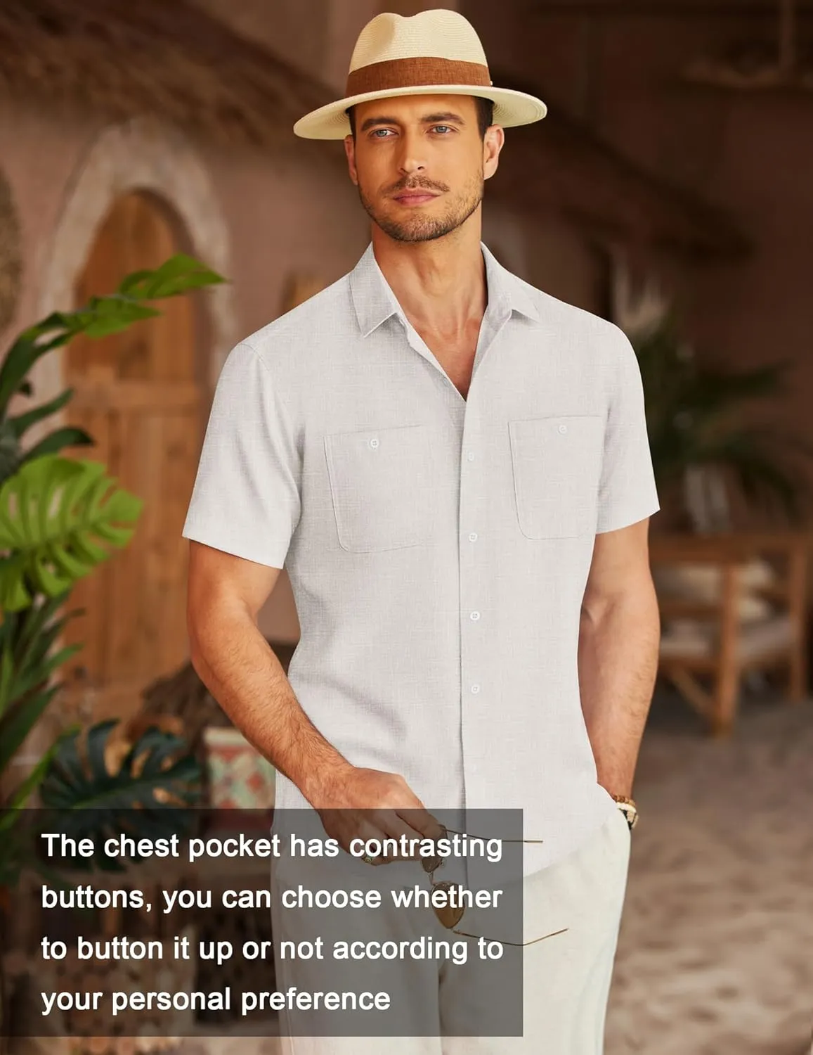 COOFANDY Men's Linen Shirt Beach Summer Short Sleeve Button Down Casual Shirts