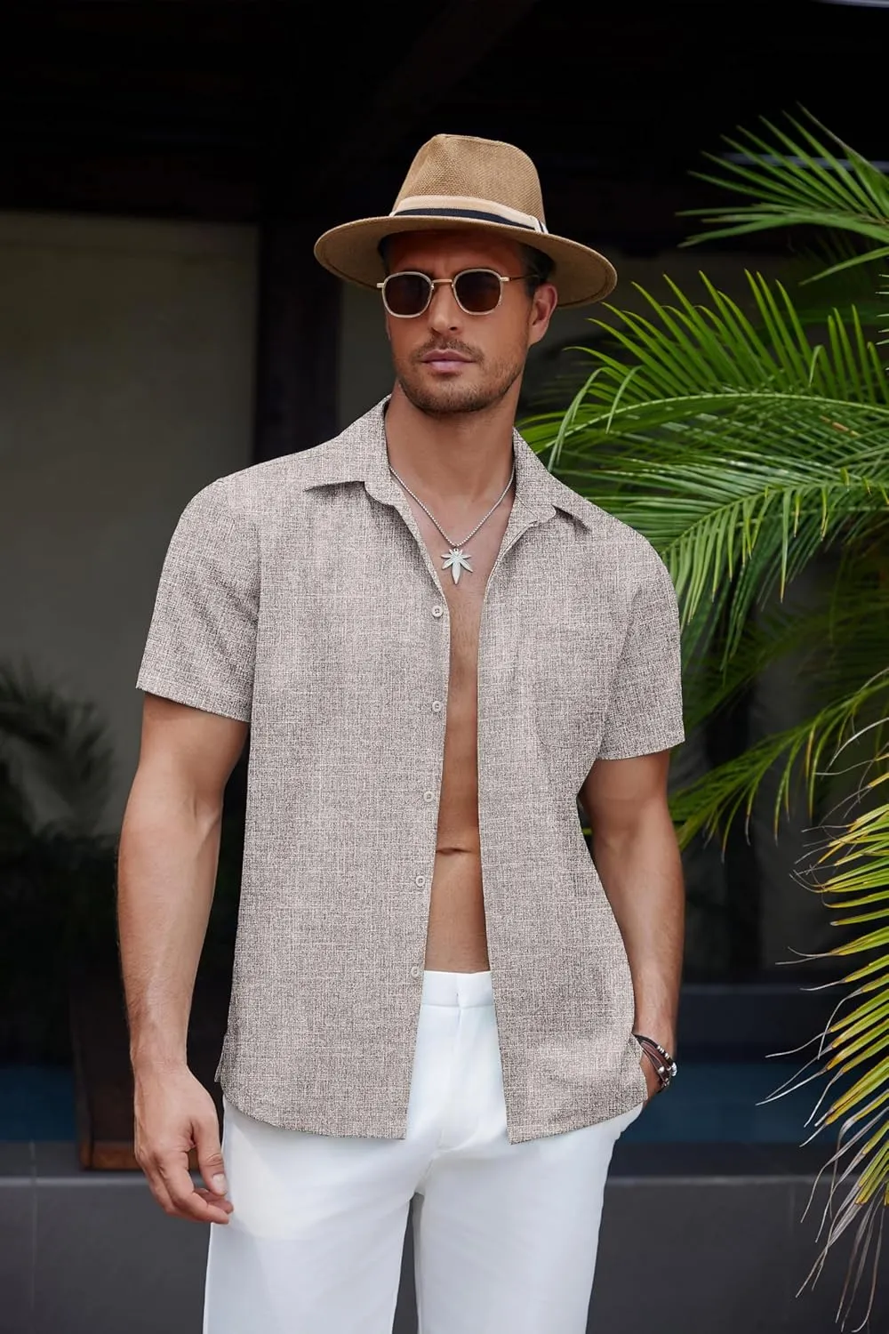 COOFANDY Mens Linen Shirt Casual Short Sleeve Button Down Shirt Summer Beach Vacation Wedding Wear