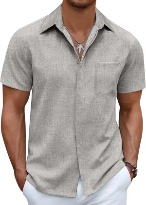 COOFANDY Mens Linen Shirt Casual Short Sleeve Button Down Shirt Summer Beach Vacation Wedding Wear