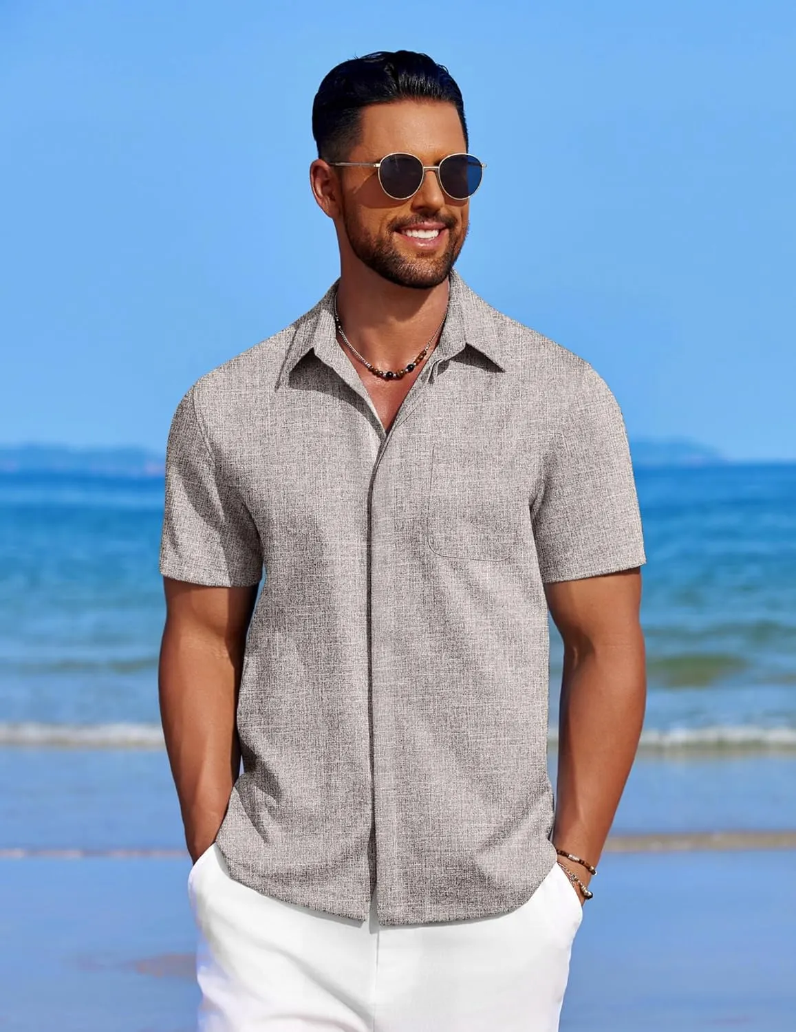 COOFANDY Mens Linen Shirt Casual Short Sleeve Button Down Shirt Summer Beach Vacation Wedding Wear