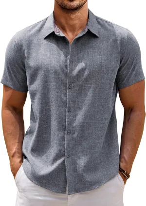 COOFANDY Mens Linen Shirt Casual Short Sleeve Button Down Shirts Summer Beach Vacation Tops