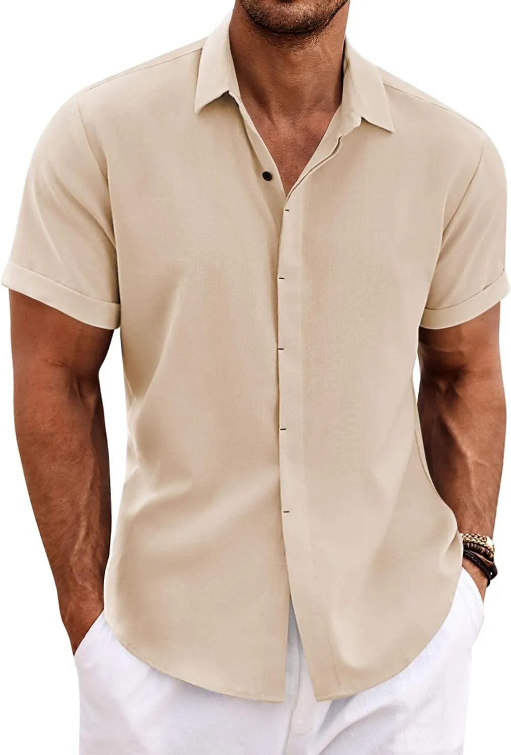 COOFANDY Men's Linen Shirts Short Sleeve Casual Shirts Button Down Shirt for Men Beach Summer Wedding Shirt
