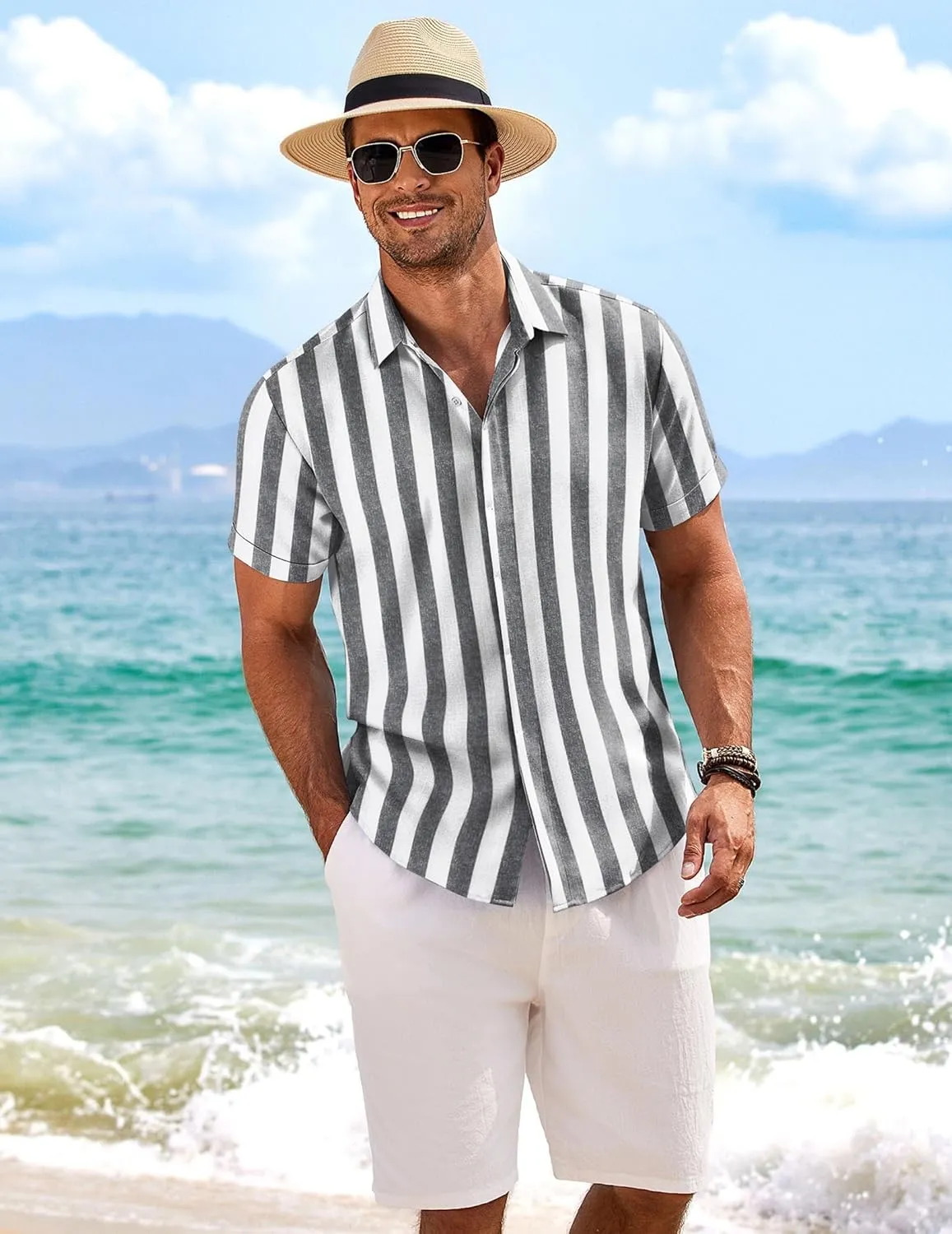 COOFANDY Men's Linen Shirts Short Sleeve Casual Shirts Button Down Shirt for Men Beach Summer Wedding Shirt
