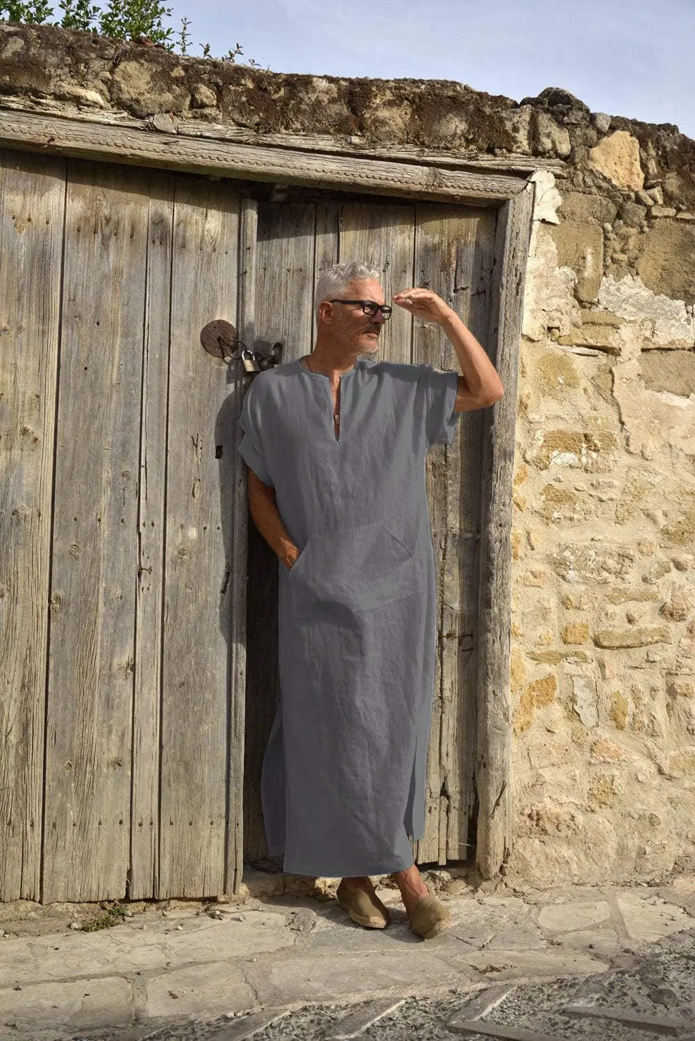 COOFANDY Men's V-Neck Linen Robe Short Sleeve Kaftan Thobe Long Gown Casual Shirt for Beach, Summer