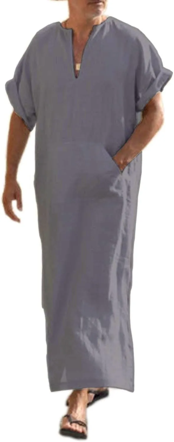 COOFANDY Men's V-Neck Linen Robe Short Sleeve Kaftan Thobe Long Gown Casual Shirt for Beach, Summer