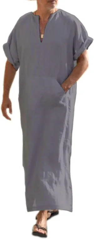 COOFANDY Men's V-Neck Linen Robe Short Sleeve Kaftan Thobe Long Gown Casual Shirt for Beach, Summer