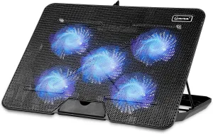 ‌Coolertek Laptop Cooling pad, Laptop Cooler with 5 Silent Fans, Adjustable Height Stand for 12-17 Inch Laptops, Ergonomic Cooling Stand with Dual USB Ports, Portable Cooling Accessories - Black