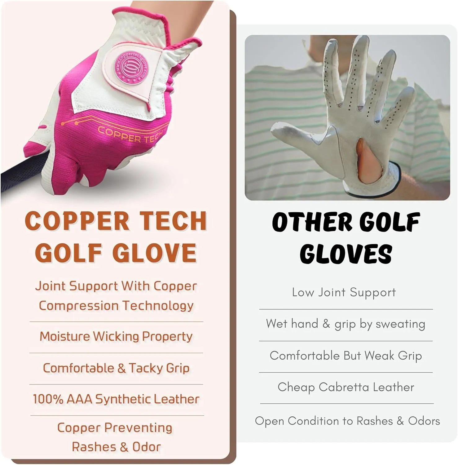 Copper Tech Ladies Golf Gloves Women Right Handed Golfer & Left Handed Golfer 2 Pack | Copper Compression Joint Support | Flexible & Comfortable Fit with Premium Leather | Tacky Grip Reinforced Pad