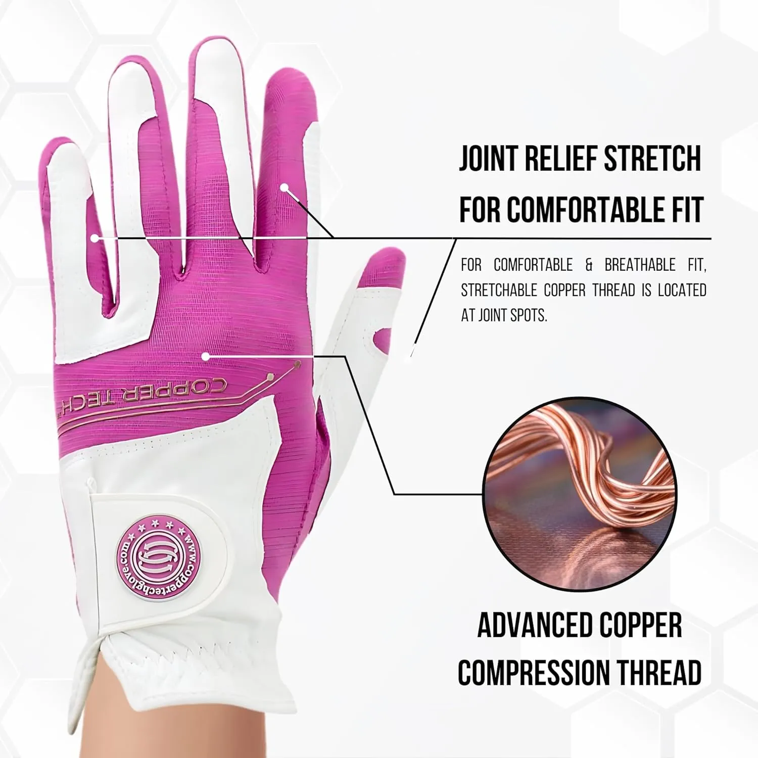 Copper Tech Ladies Golf Gloves Women Right Handed Golfer & Left Handed Golfer 2 Pack | Copper Compression Joint Support | Flexible & Comfortable Fit with Premium Leather | Tacky Grip Reinforced Pad
