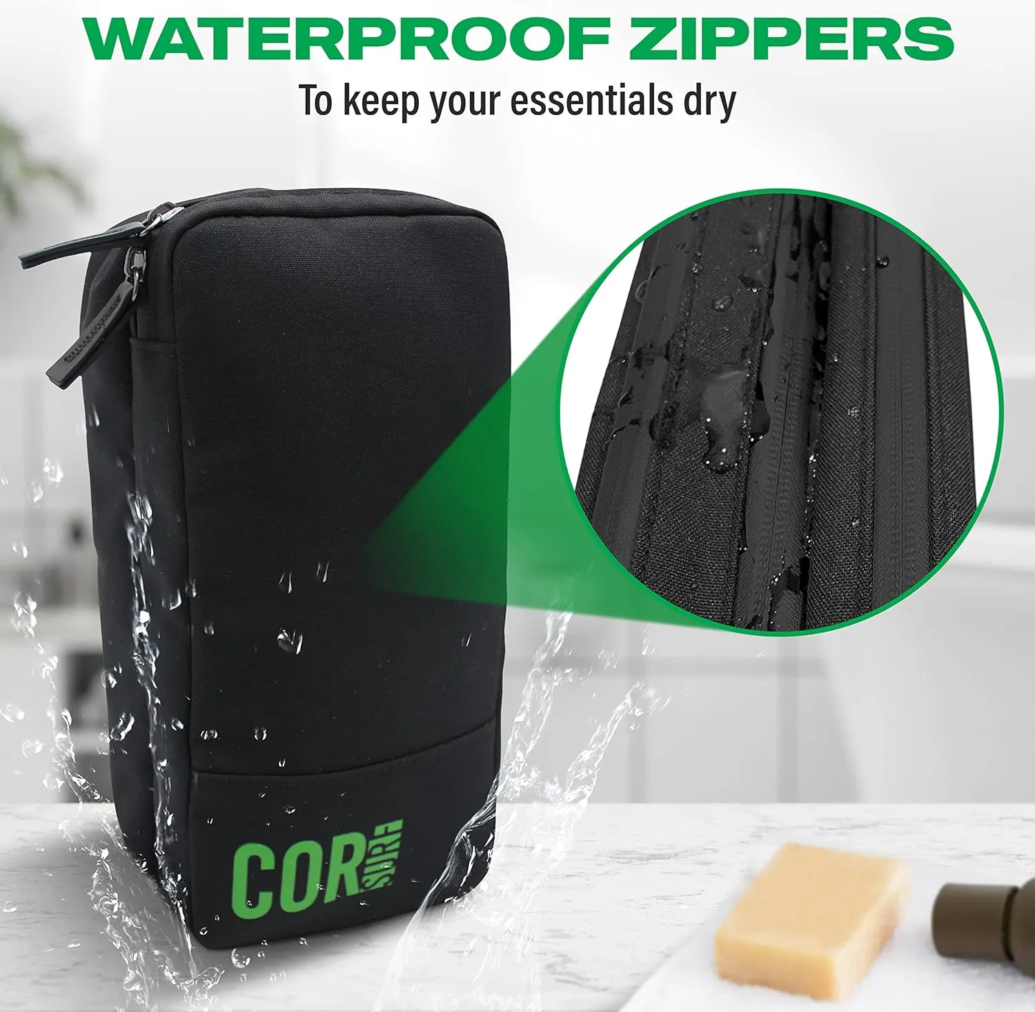 COR Surf Compact Toiletry Travel Bag | Hanging, Premium Mens and Women Dopp Kit for Travel | Waterproof with 4 Separate Compartments and Waterproof Zippers (Dark Blue)