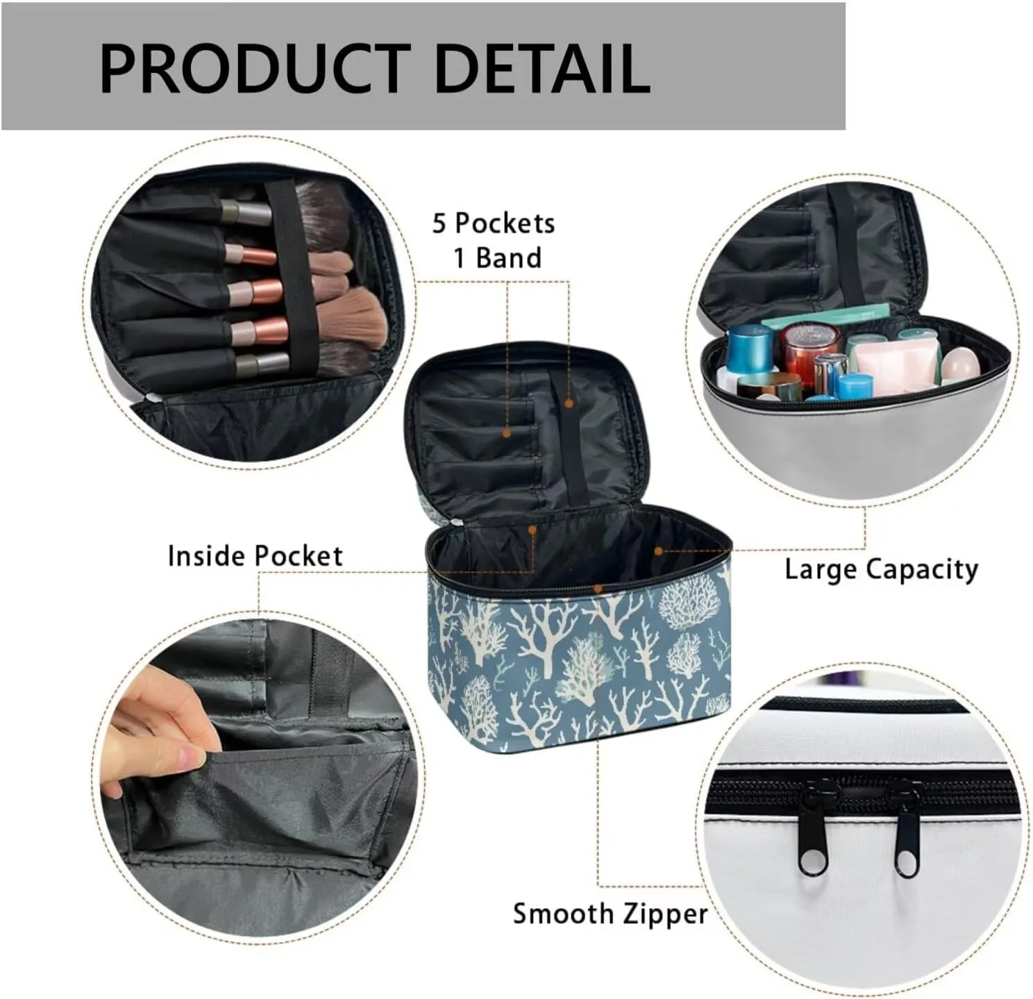 Coral Texture Make Up Pouch Bags for Travel Toiletry Bag, Sea Coral Print Women Cosmetic Bag Portable Zipper Toiletry Storage Bag, Slate Blue