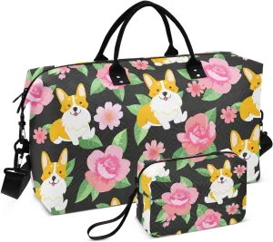 Corgi Flower Blossom Dark Sports Gym Bag for Women Men Travel Duffel Bag Weekend Overnight Carry on Bag with Toiletry Bag Training Handbag for Plane Hospital Swimming Yoga Workout