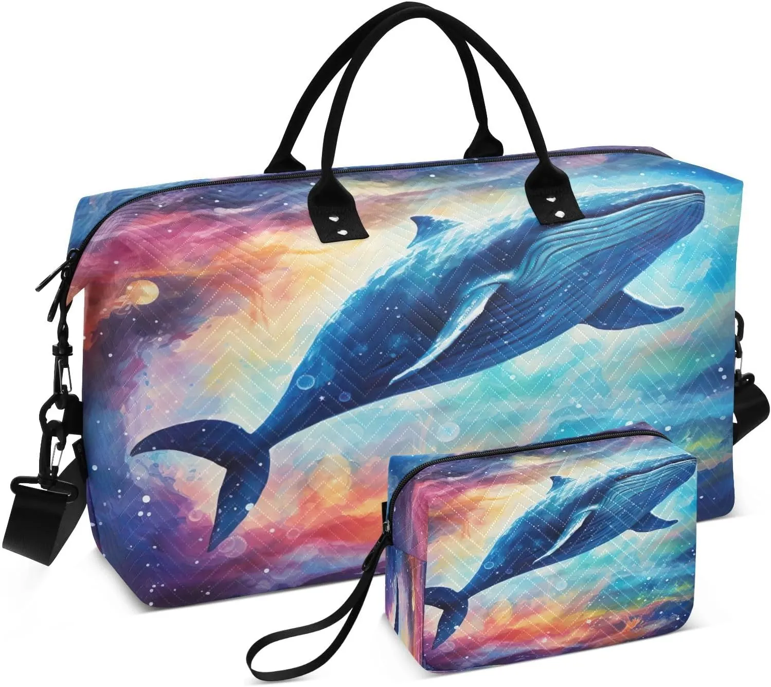 Cosmic Sea Whale Space Sports Gym Bag for Women Men Travel Duffel Bag Weekend Overnight Carry on Bag with Toiletry Bag Workout Dance Bag for Hospital Plane Swimming Yoga Workout