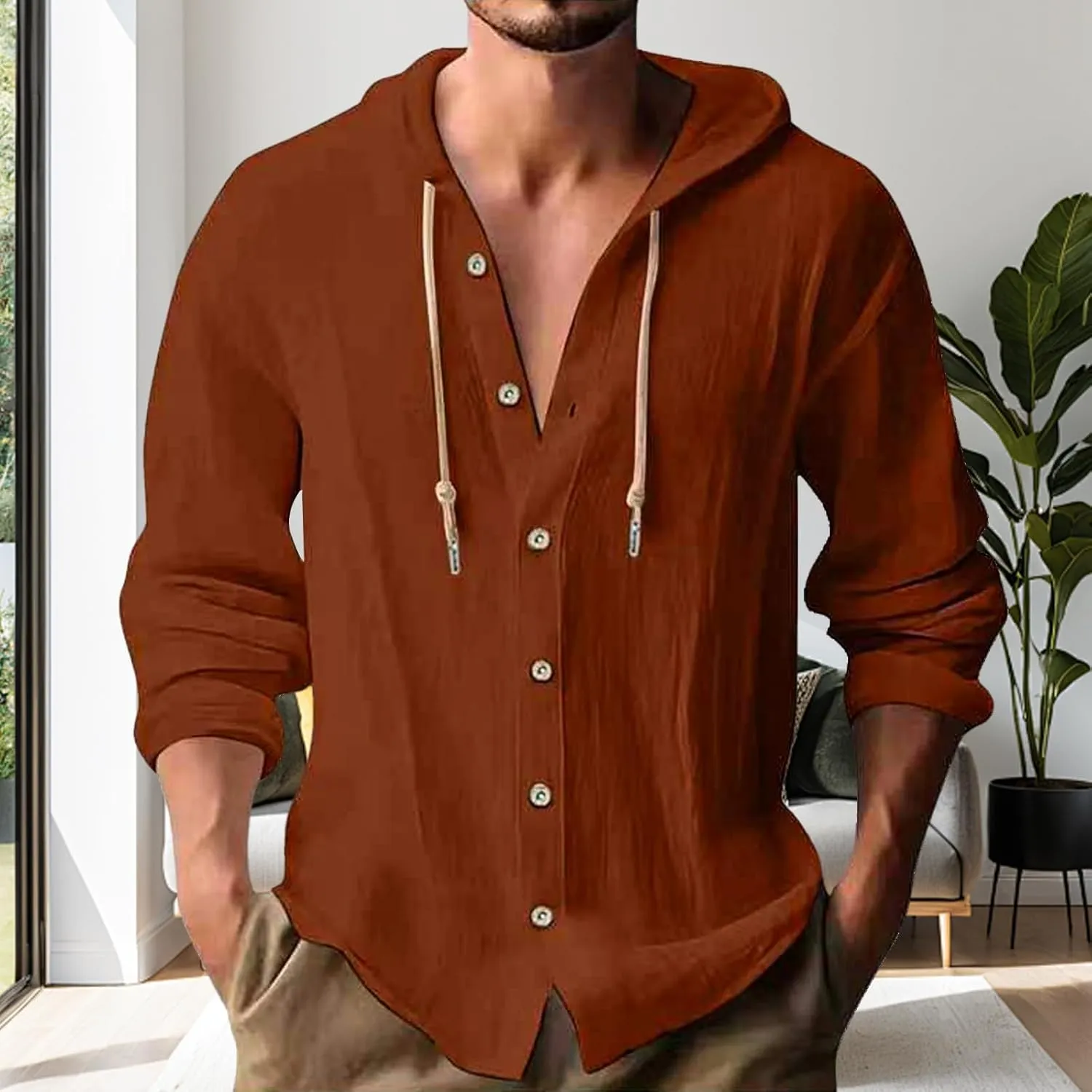 Cotton Hoodie for Mens Long Sleeve Linen Button Down Shirt Summer Casual Hawaiian Beach Tops Lightweight Work Tshirt