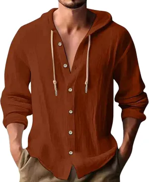 Cotton Hoodie for Mens Long Sleeve Linen Button Down Shirt Summer Casual Hawaiian Beach Tops Lightweight Work Tshirt