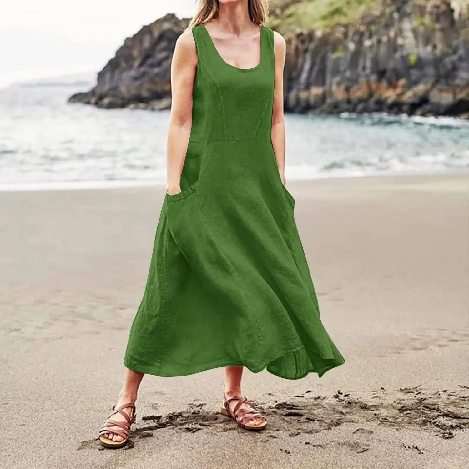Cotton Linen Dresses for Women 2025 Casual Sleeveless Summer Beach Outfits Plus Size Spring Vacation Maxi Sundresses