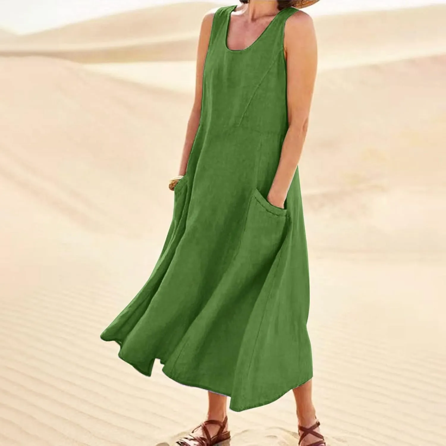 Cotton Linen Dresses for Women 2025 Casual Sleeveless Summer Beach Outfits Plus Size Spring Vacation Maxi Sundresses